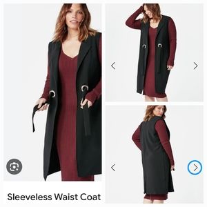 JF Sleeveless waistcoat jacket maxi vest belt tie closure black size XL